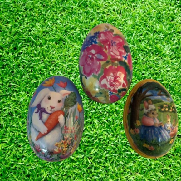 3 Vintage Large Easter Eggs Paper Metal Plastic #2454-2 - Picture 1 of 6